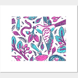 Blue and pink bird with worm and flowers pattern Posters and Art